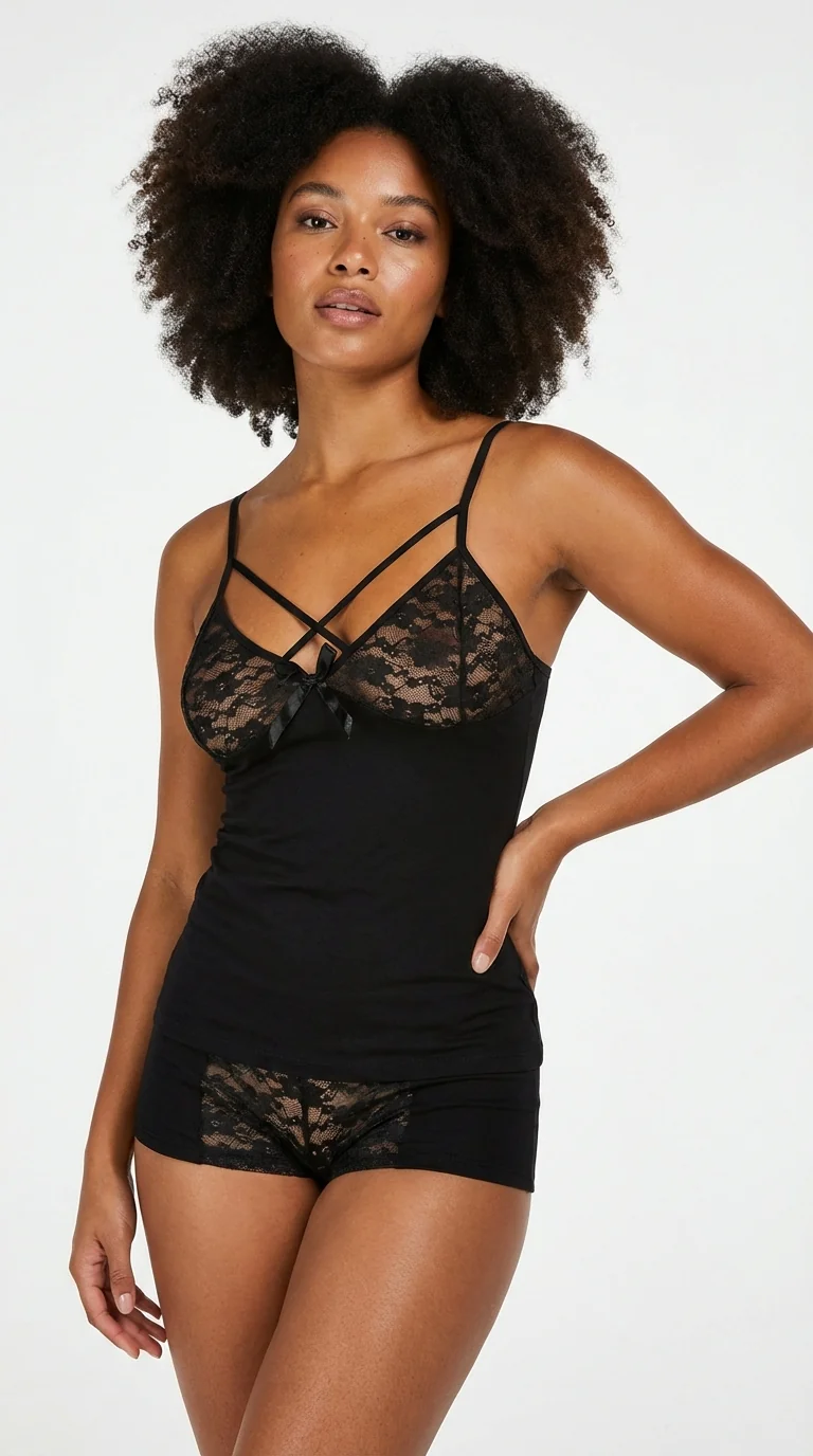 Kadın Dantelli Atlet Boxer Takımı Siyah - Yan Görünüm